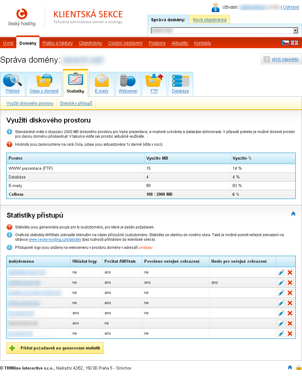 cesky hosting admin disk