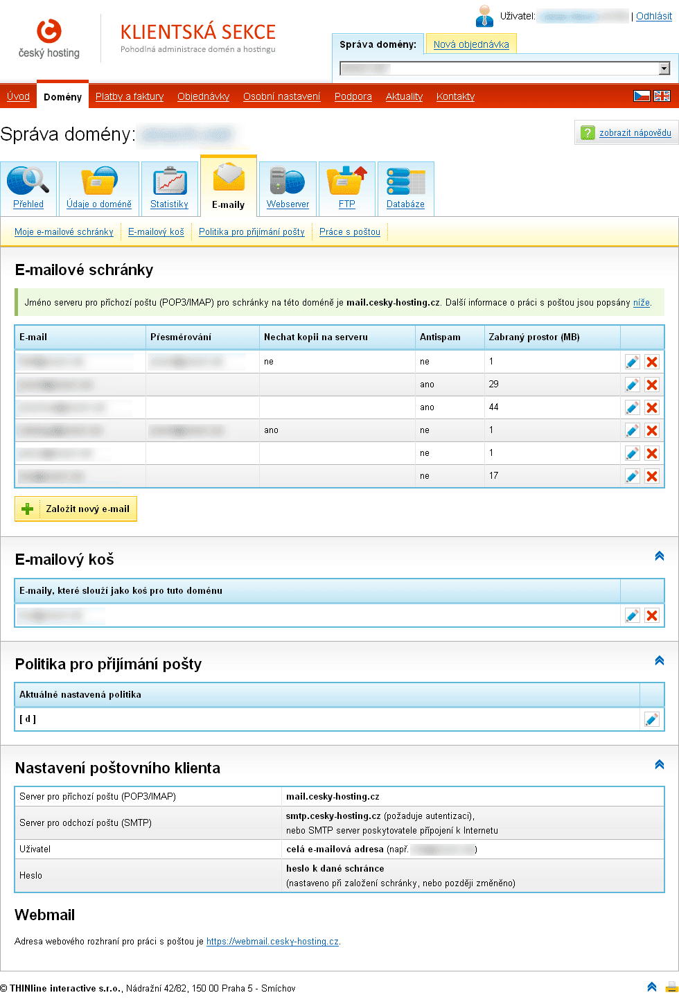cesky hosting admin mail